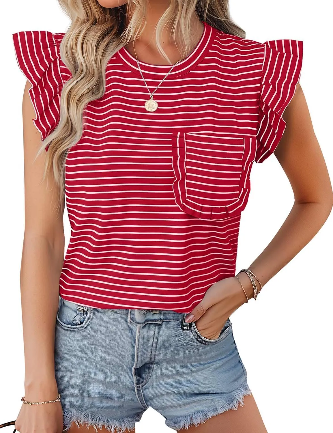 JUSTFASHIONNOW Womens Summer Tops Striped T-Shirts 2025 Ruffle Short Sleeve Crew Neck Casual Blouses with Pocket