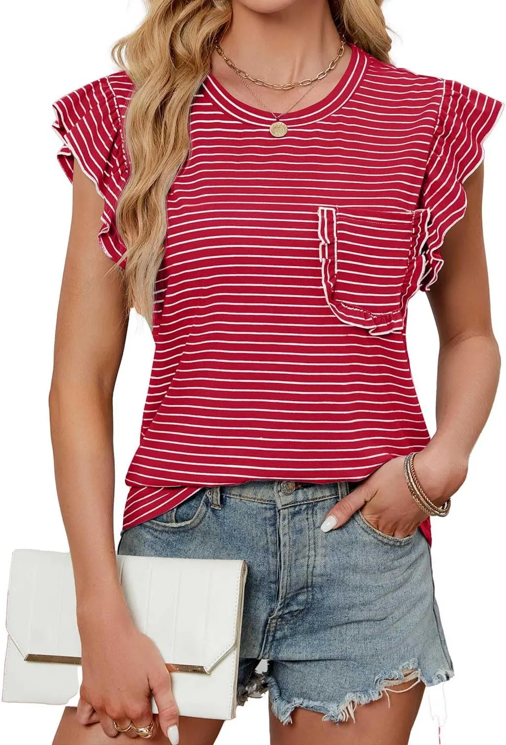 JUSTFASHIONNOW Womens Summer Tops Striped T-Shirts 2025 Ruffle Short Sleeve Crew Neck Casual Blouses with Pocket