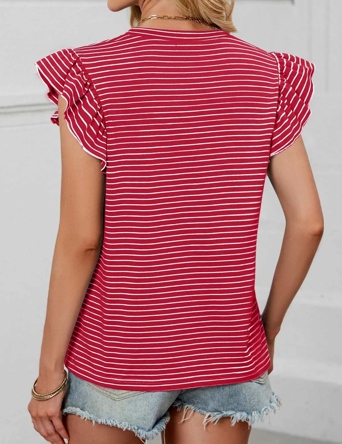 JUSTFASHIONNOW Womens Summer Tops Striped T-Shirts 2025 Ruffle Short Sleeve Crew Neck Casual Blouses with Pocket