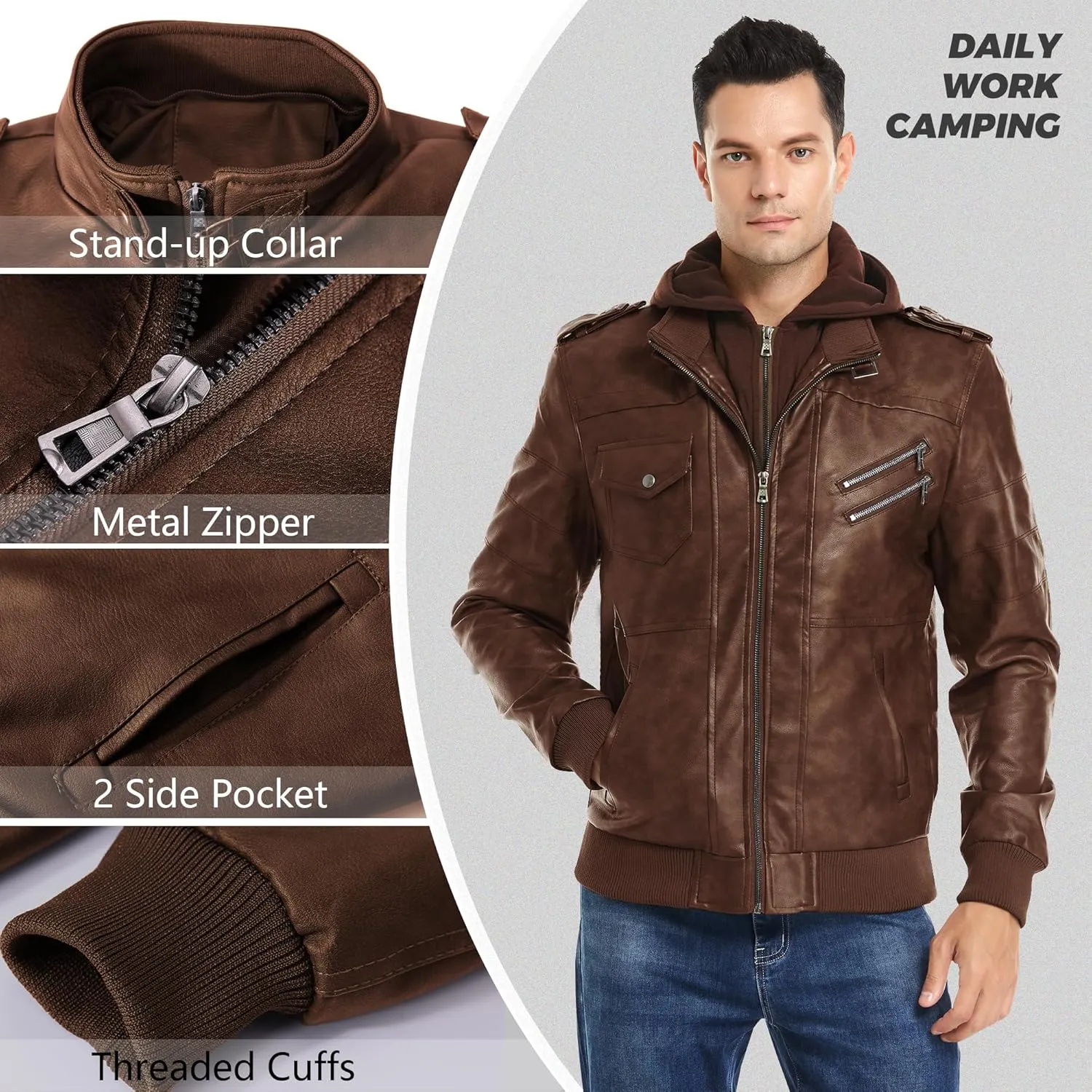 JYG Men's Faux Leather Jacket Stand Collar Motorcycle Bomber Jackets with Removable Hood