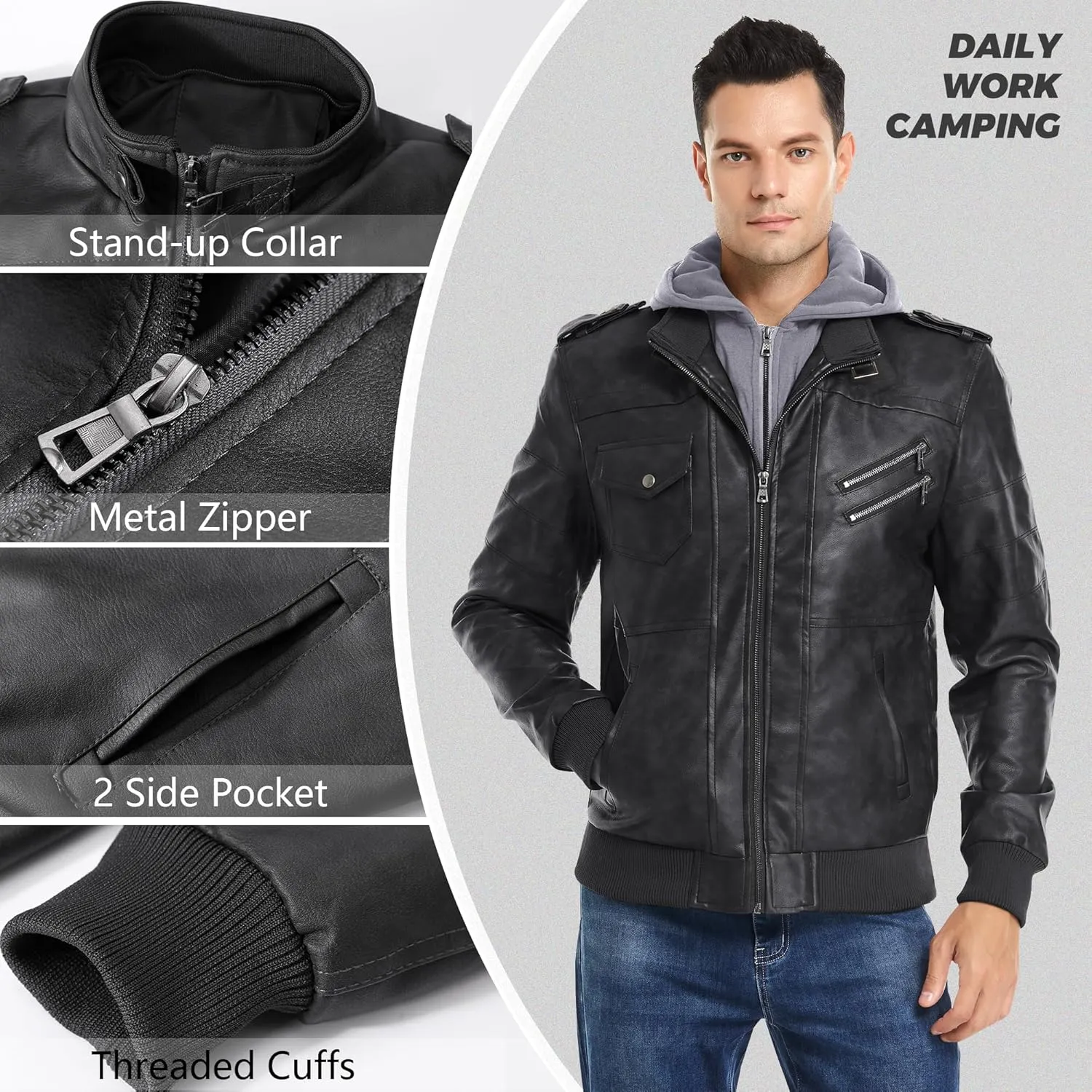 JYG Men's Faux Leather Jacket Stand Collar Motorcycle Bomber Jackets with Removable Hood
