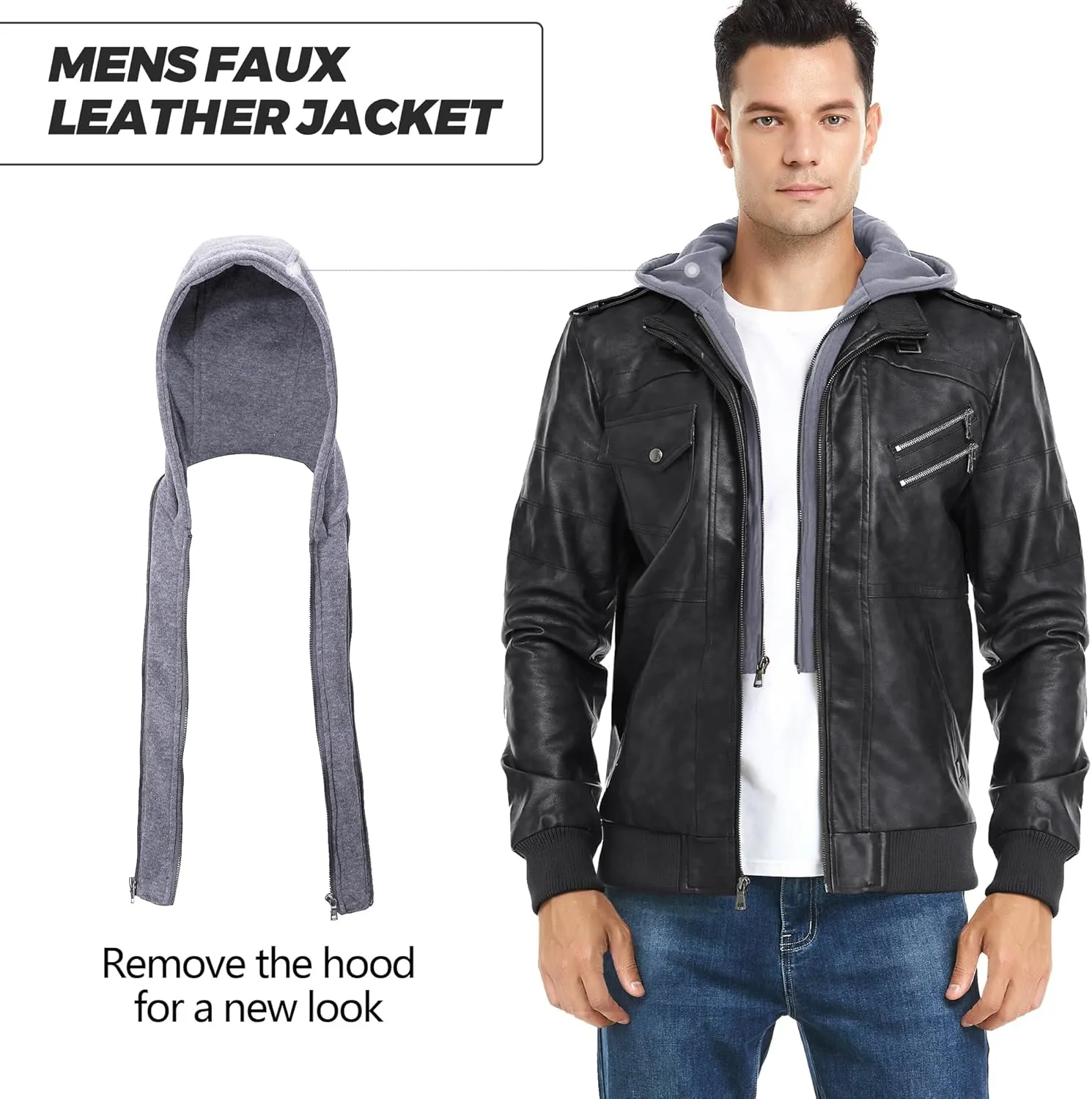 JYG Men's Faux Leather Jacket Stand Collar Motorcycle Bomber Jackets with Removable Hood