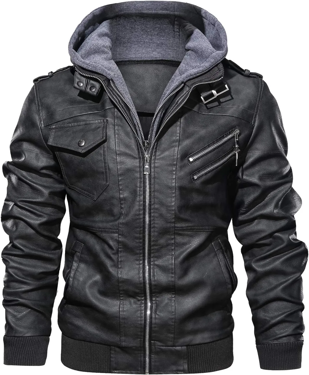 JYG Men's Faux Leather Jacket Stand Collar Motorcycle Bomber Jackets with Removable Hood