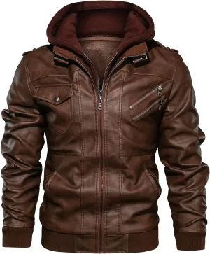 JYG Men's Faux Leather Jacket Stand Collar Motorcycle Bomber Jackets with Removable Hood