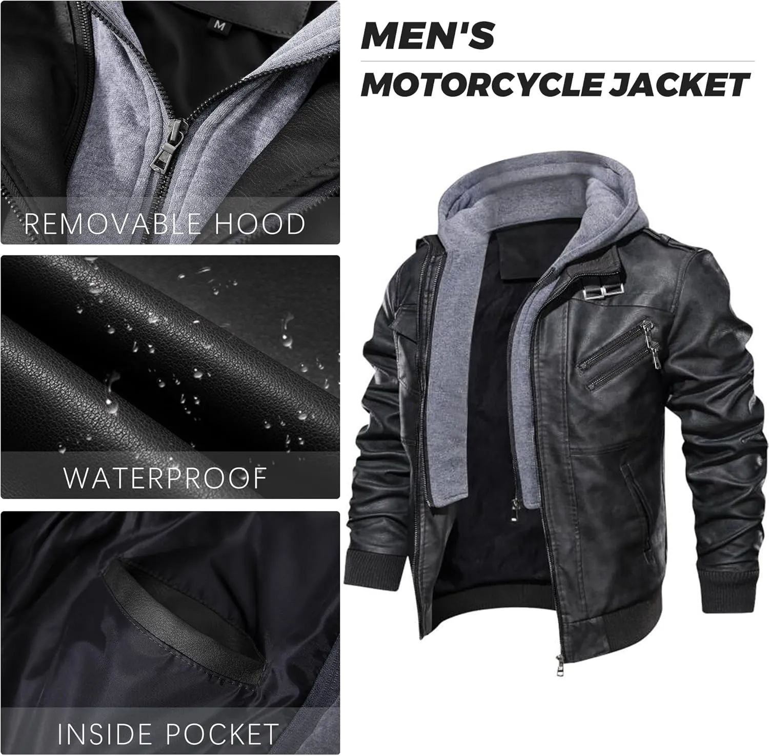 JYG Men's Faux Leather Jacket Stand Collar Motorcycle Bomber Jackets with Removable Hood