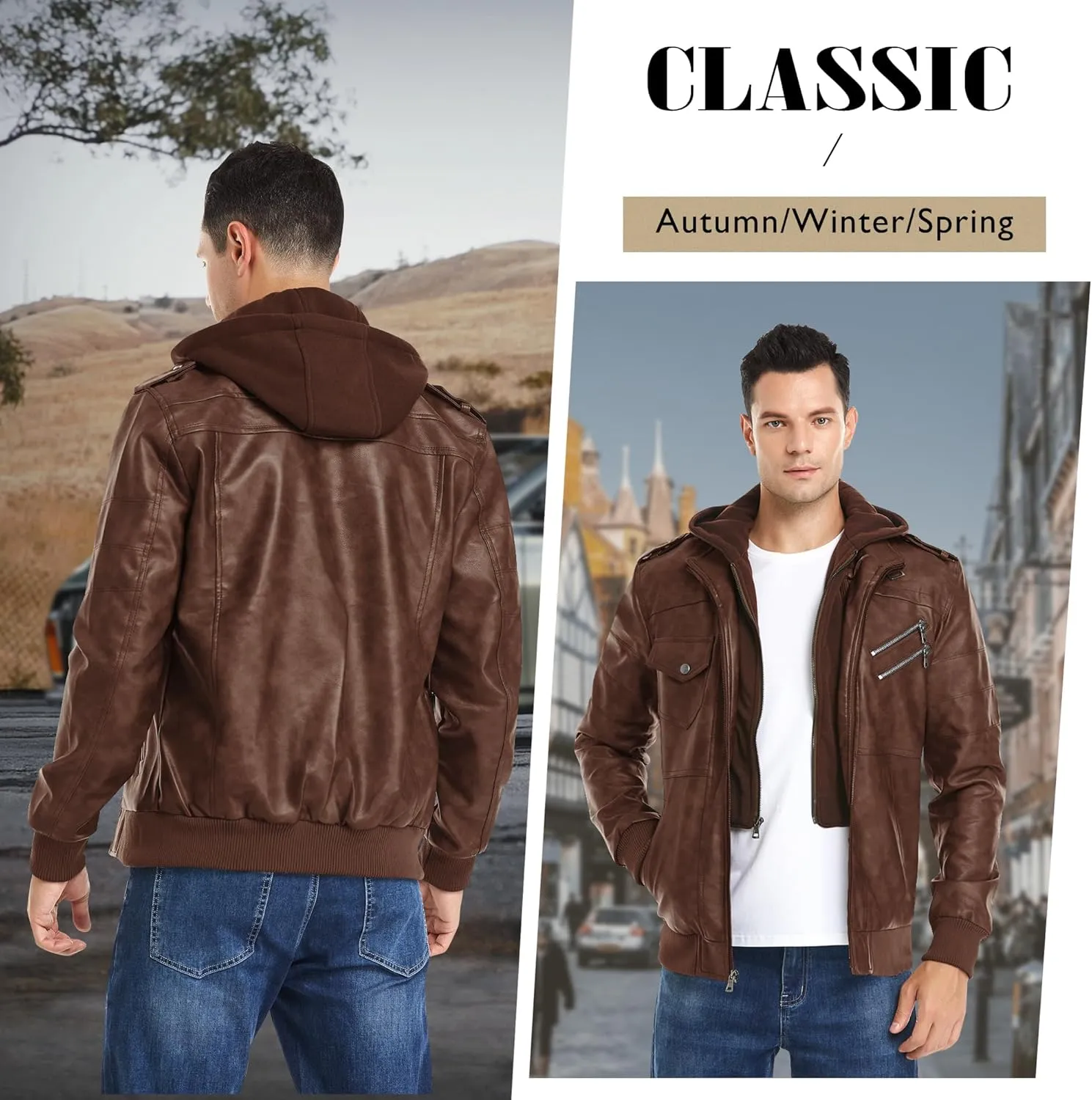 JYG Men's Faux Leather Jacket Stand Collar Motorcycle Bomber Jackets with Removable Hood