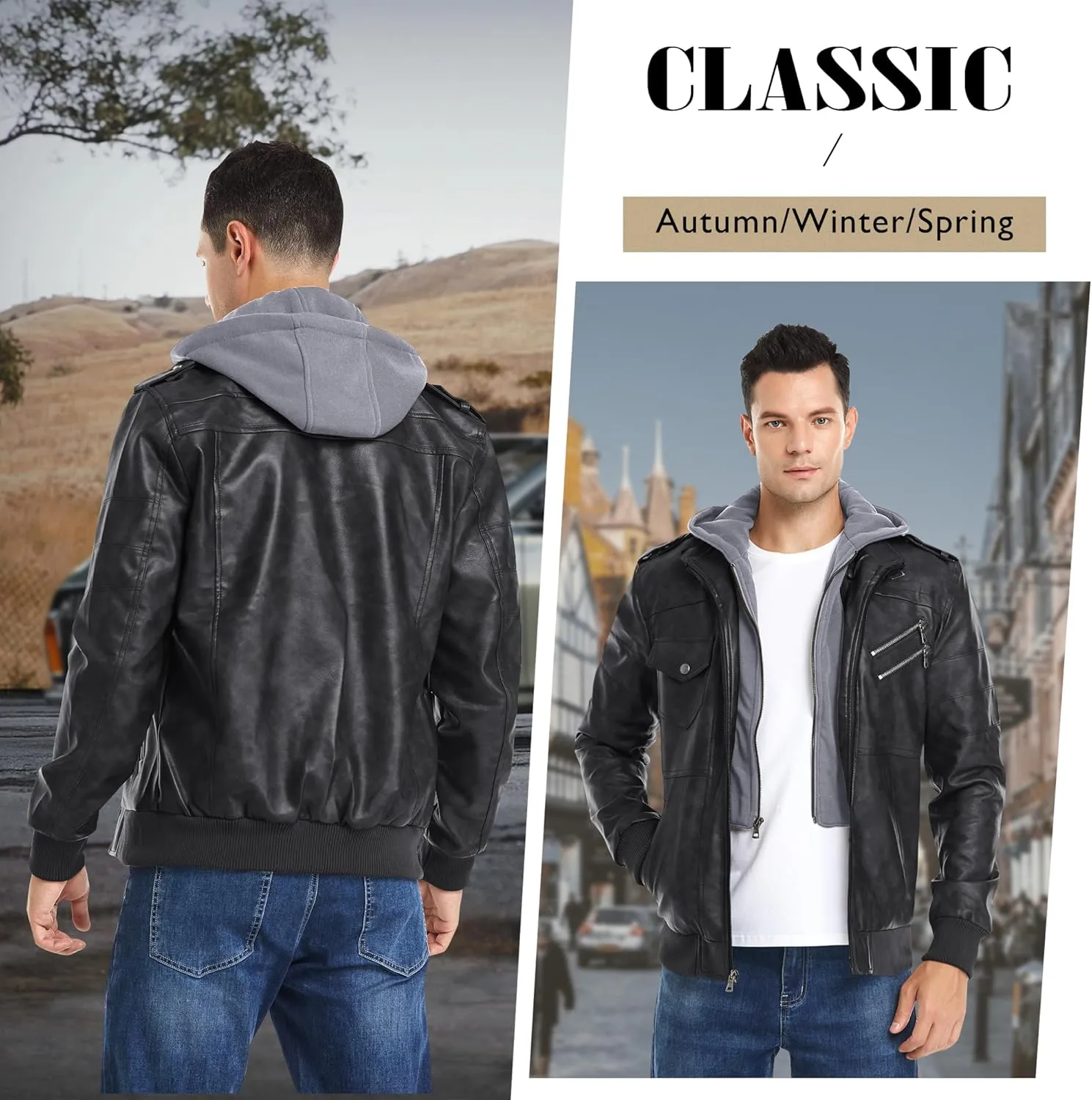 JYG Men's Faux Leather Jacket Stand Collar Motorcycle Bomber Jackets with Removable Hood