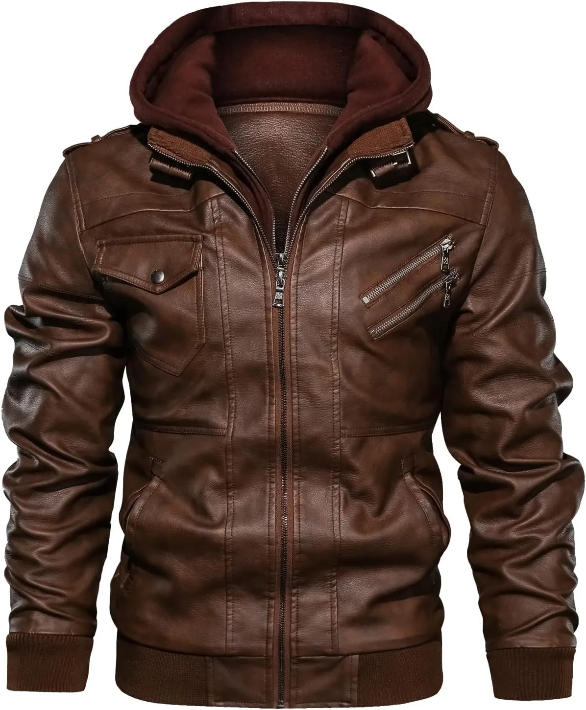 JYG Men's Faux Leather Jacket Stand Collar Motorcycle Bomber Jackets with Removable Hood