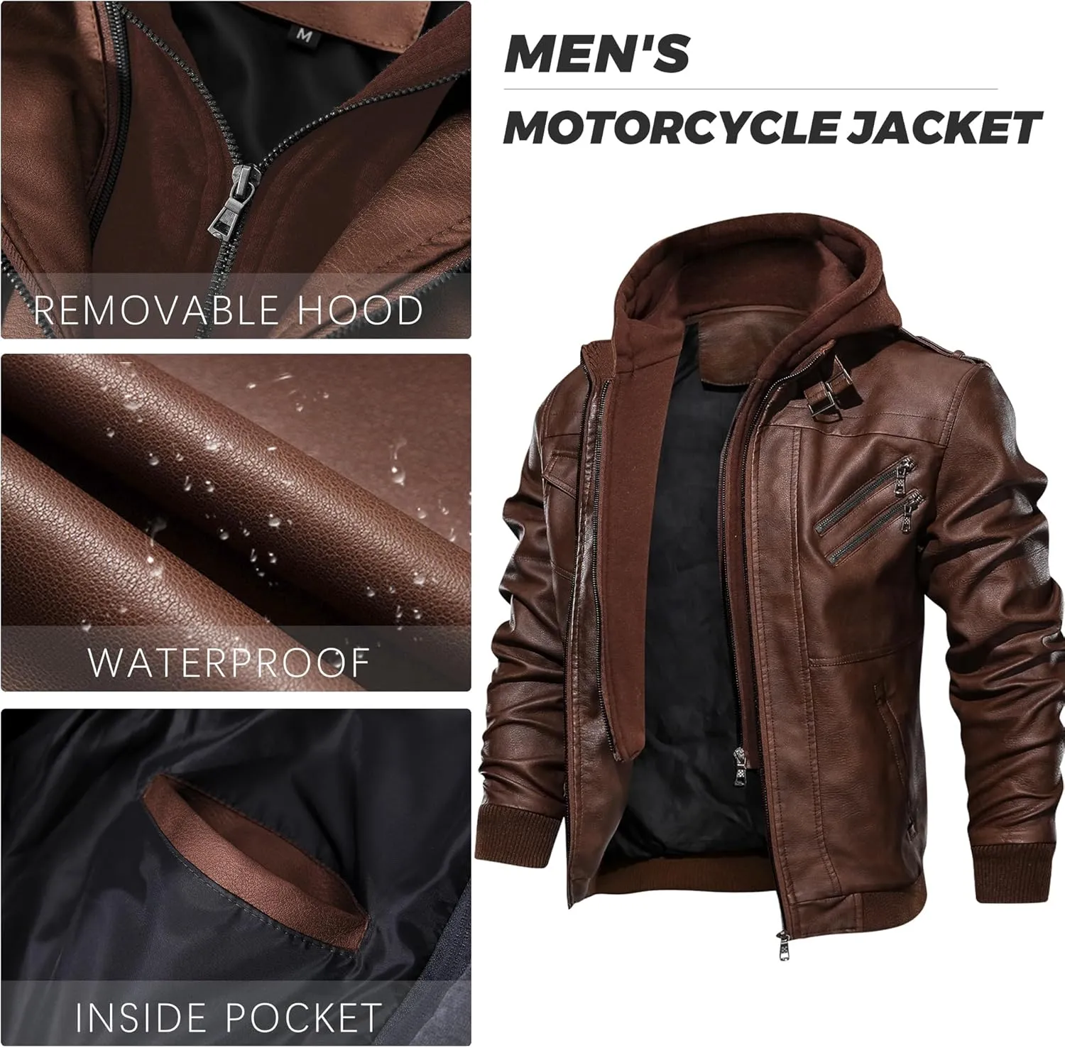 JYG Men's Faux Leather Jacket Stand Collar Motorcycle Bomber Jackets with Removable Hood