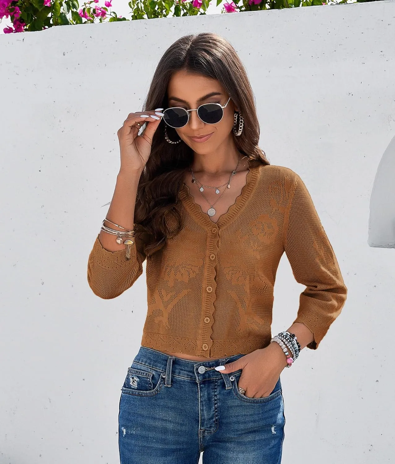 Kate Kasin Women's 2025 Cropped Cardigan Sweaters Trendy Lightweight 3/4 Sleeve Button Down Crochet Textured Shrugs Top