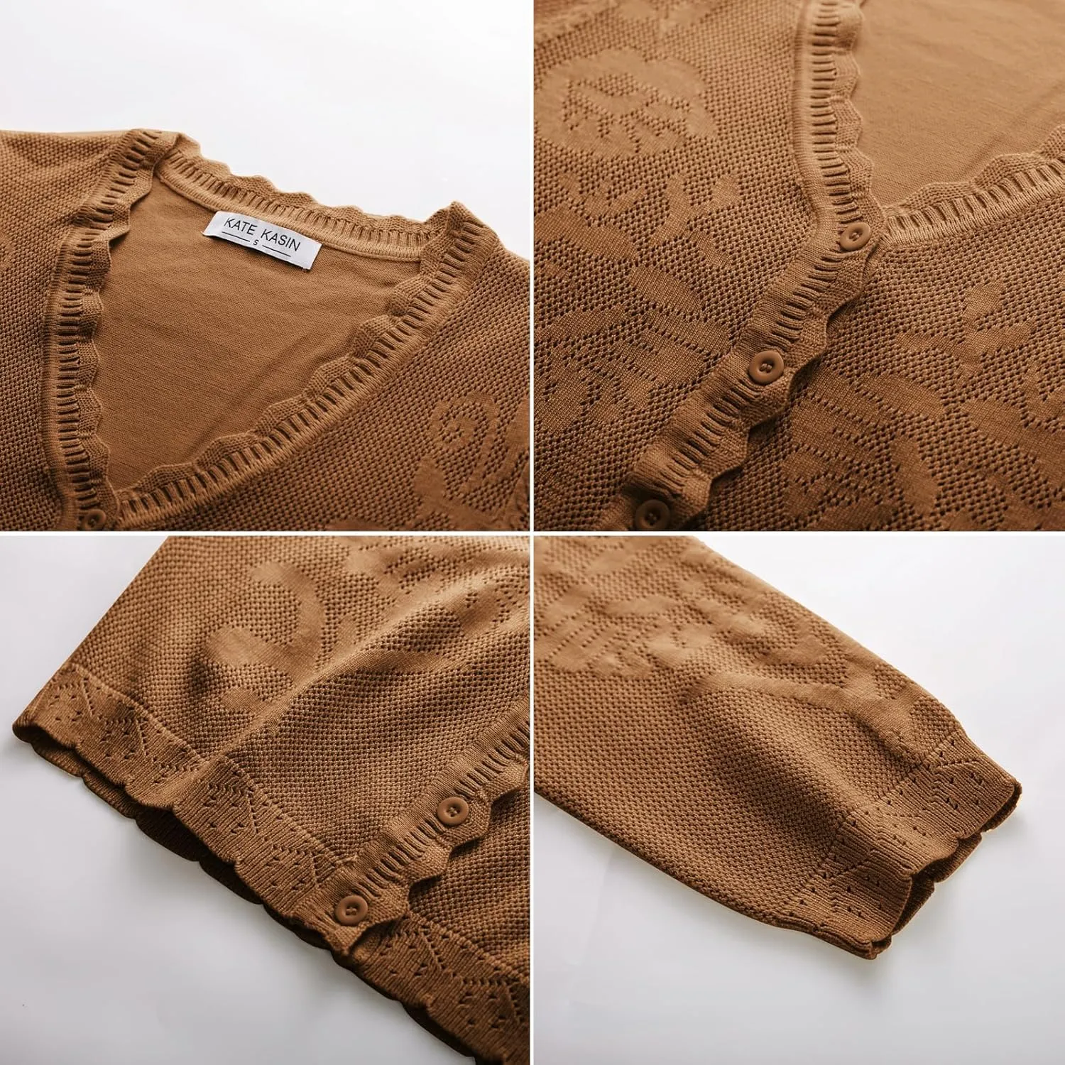 Kate Kasin Women's 2025 Cropped Cardigan Sweaters Trendy Lightweight 3/4 Sleeve Button Down Crochet Textured Shrugs Top