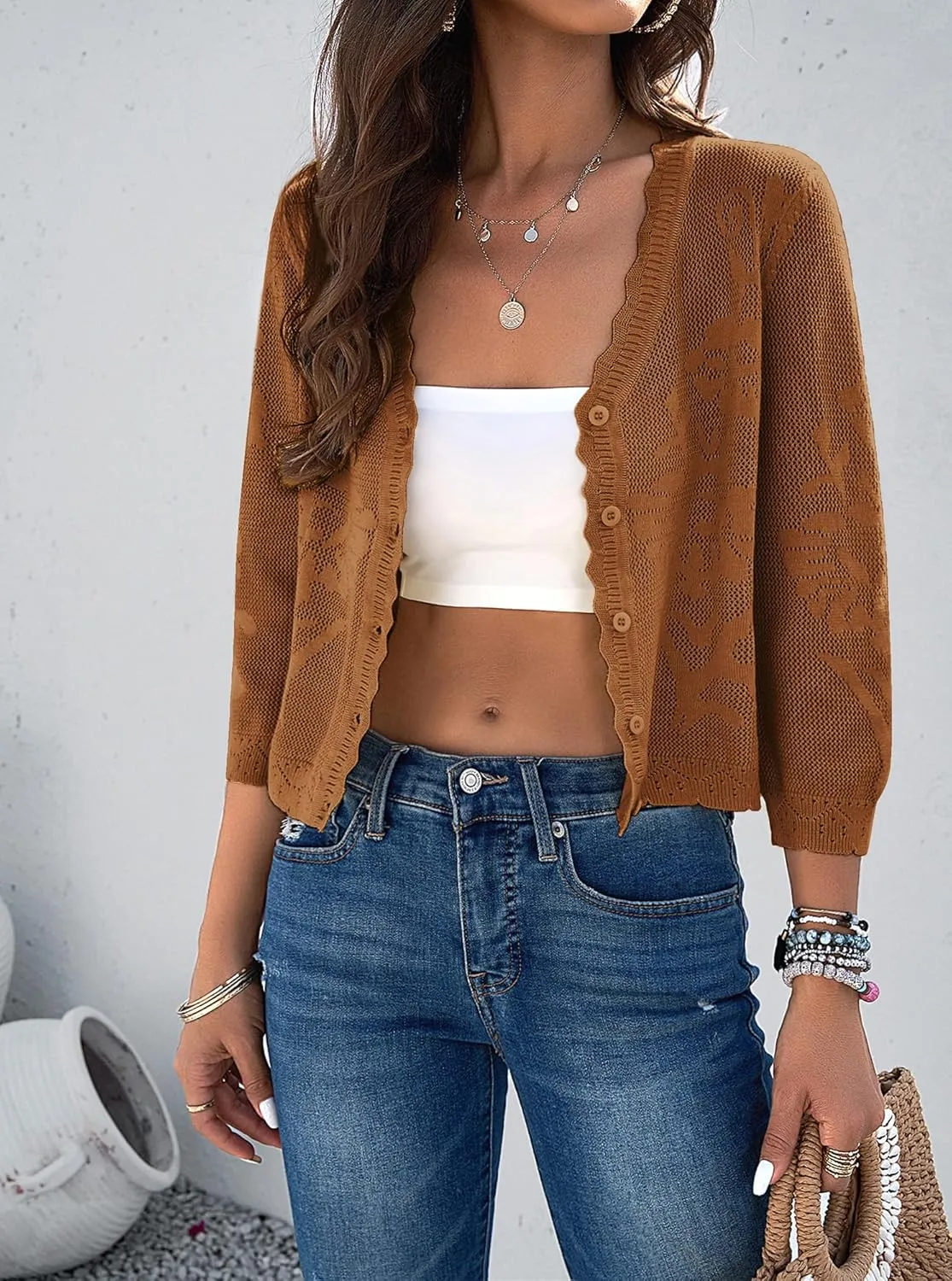 Kate Kasin Women's 2025 Cropped Cardigan Sweaters Trendy Lightweight 3/4 Sleeve Button Down Crochet Textured Shrugs Top