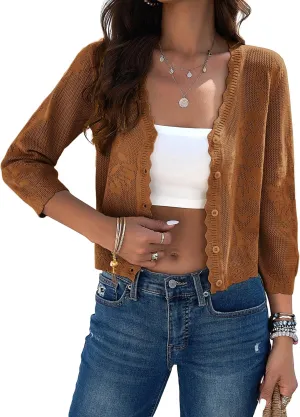 Kate Kasin Women's 2025 Cropped Cardigan Sweaters Trendy Lightweight 3/4 Sleeve Button Down Crochet Textured Shrugs Top