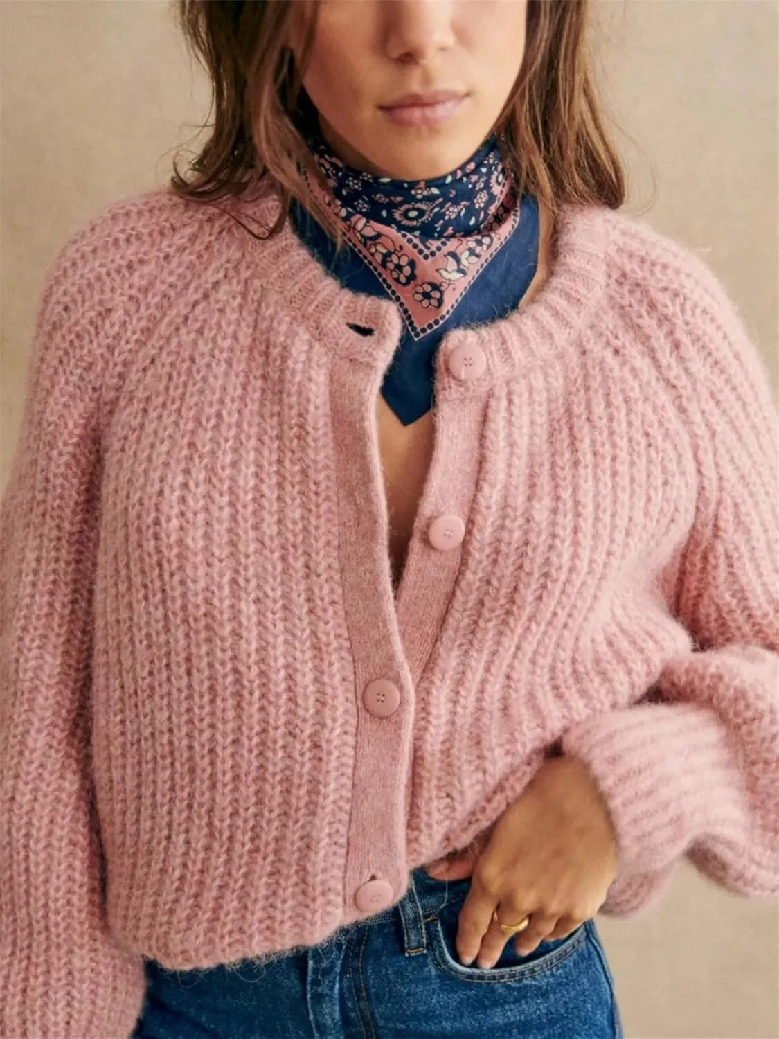 KEOMUD Women's Long Sleeve Cardigan Sweaters 2025 Spring Casual Crewneck Button Down Chunky Knit Cardigans
