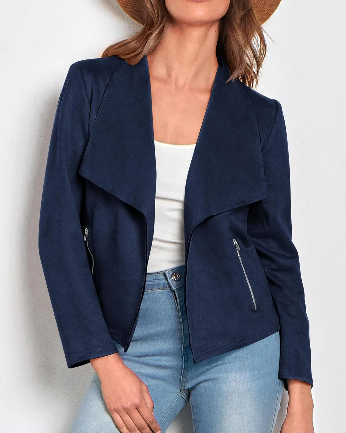 KIRUNDO Womens Fashion Faux Suede Jacket 2024 Fall Winter Casual Long Sleeve Open Front Bomber Cropped Coat Outerwear