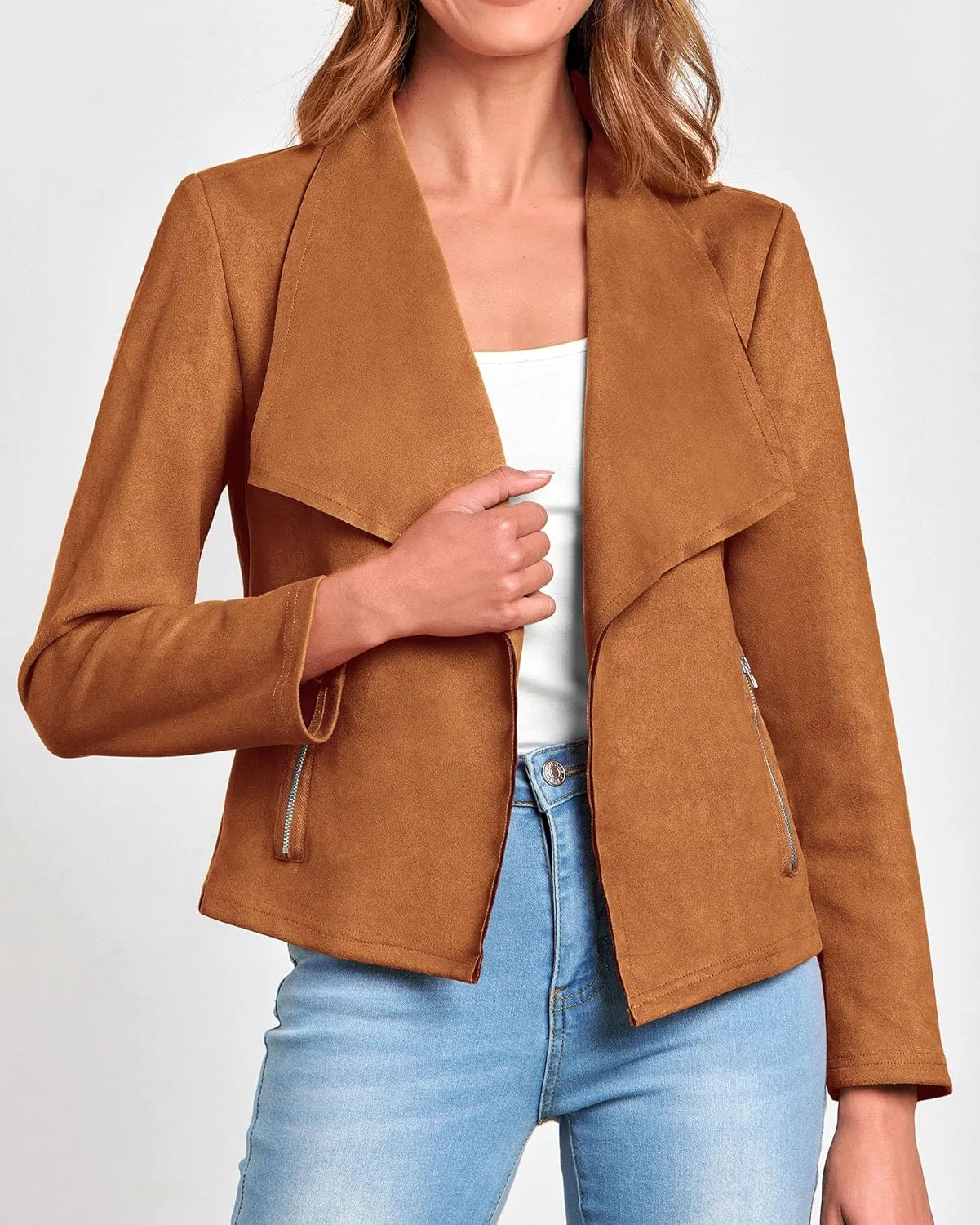 KIRUNDO Womens Fashion Faux Suede Jacket 2024 Fall Winter Casual Long Sleeve Open Front Bomber Cropped Coat Outerwear