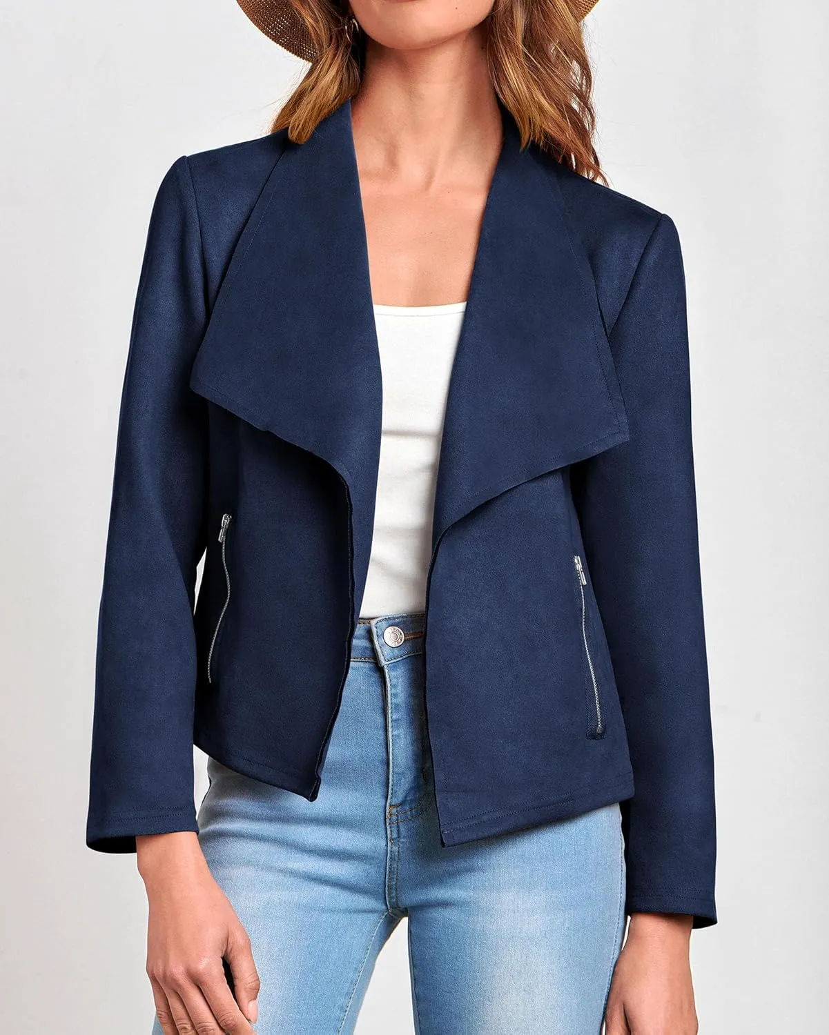 KIRUNDO Womens Fashion Faux Suede Jacket 2024 Fall Winter Casual Long Sleeve Open Front Bomber Cropped Coat Outerwear