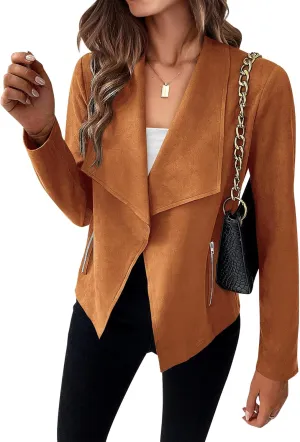 KIRUNDO Womens Fashion Faux Suede Jacket 2024 Fall Winter Casual Long Sleeve Open Front Bomber Cropped Coat Outerwear