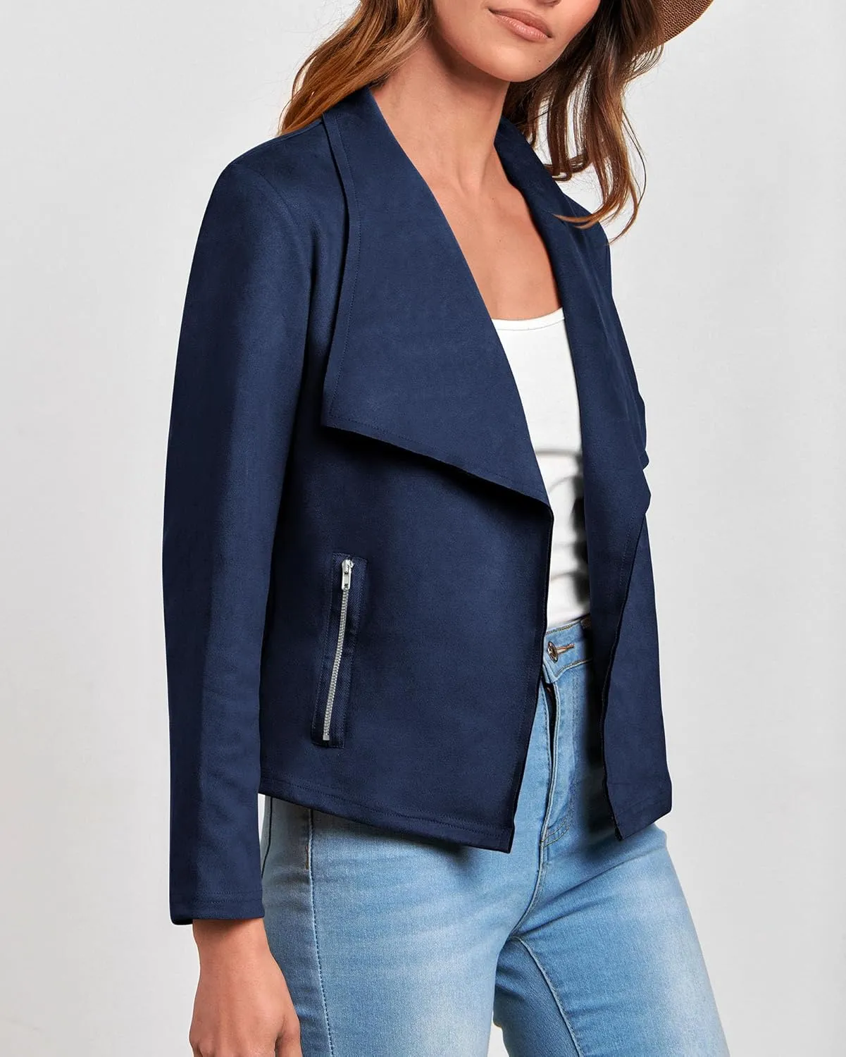 KIRUNDO Womens Fashion Faux Suede Jacket 2024 Fall Winter Casual Long Sleeve Open Front Bomber Cropped Coat Outerwear