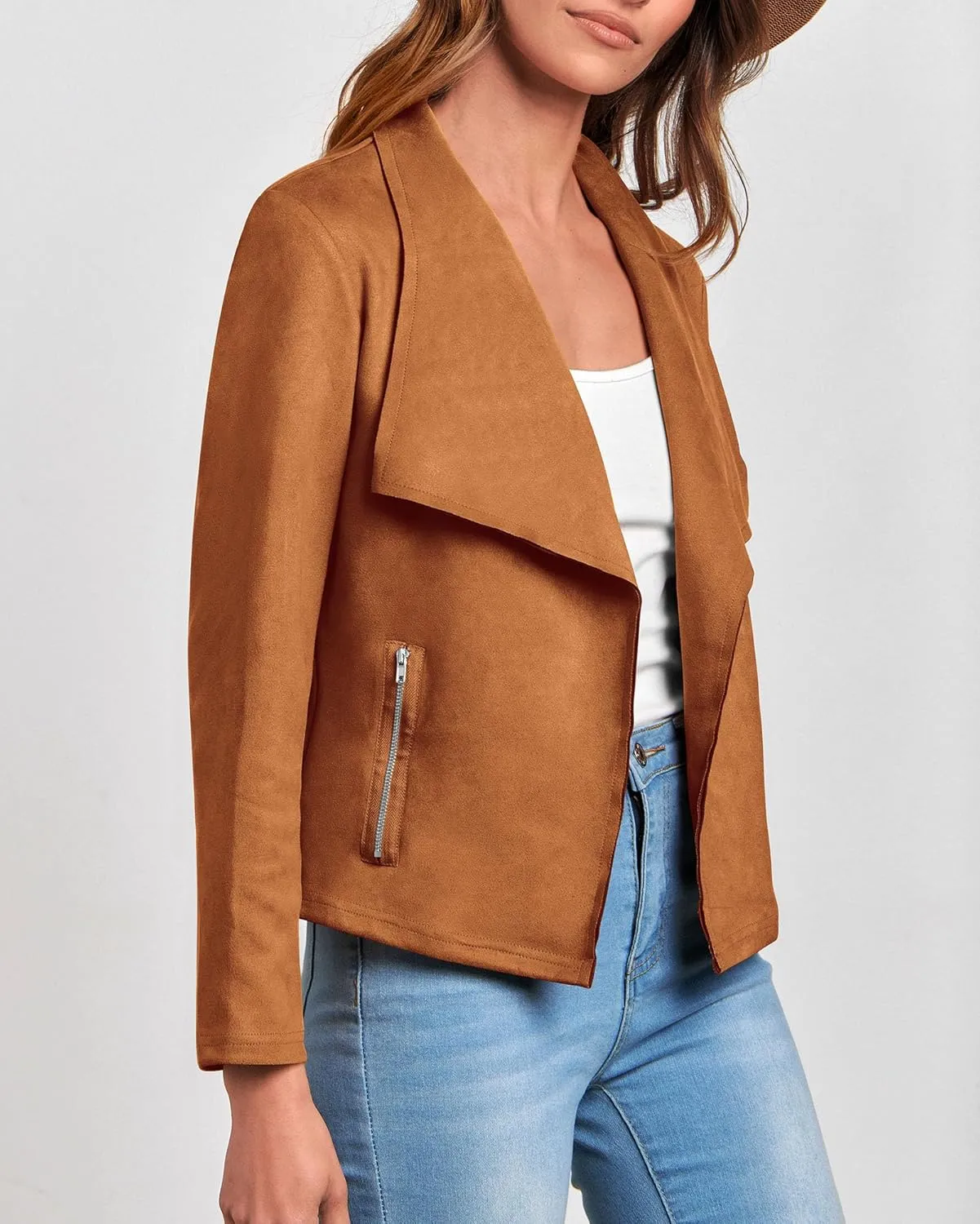 KIRUNDO Womens Fashion Faux Suede Jacket 2024 Fall Winter Casual Long Sleeve Open Front Bomber Cropped Coat Outerwear