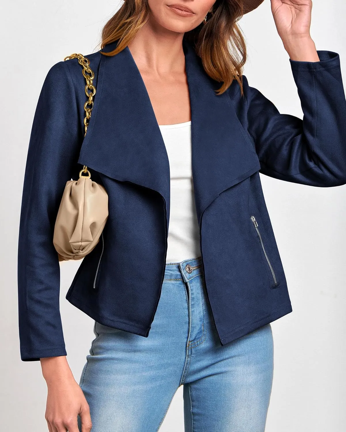 KIRUNDO Womens Fashion Faux Suede Jacket 2024 Fall Winter Casual Long Sleeve Open Front Bomber Cropped Coat Outerwear