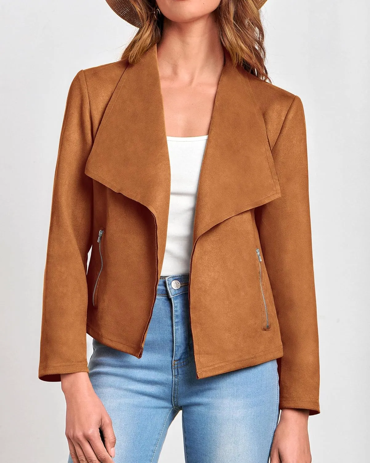KIRUNDO Womens Fashion Faux Suede Jacket 2024 Fall Winter Casual Long Sleeve Open Front Bomber Cropped Coat Outerwear