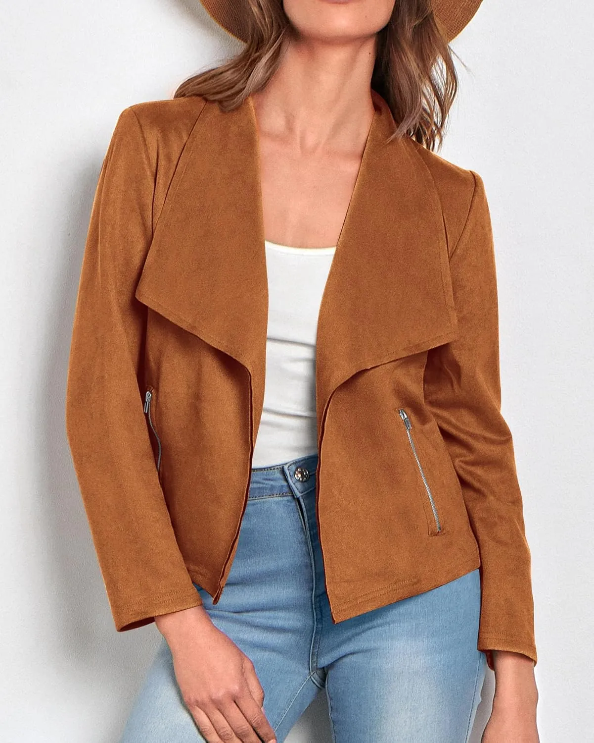 KIRUNDO Womens Fashion Faux Suede Jacket 2024 Fall Winter Casual Long Sleeve Open Front Bomber Cropped Coat Outerwear