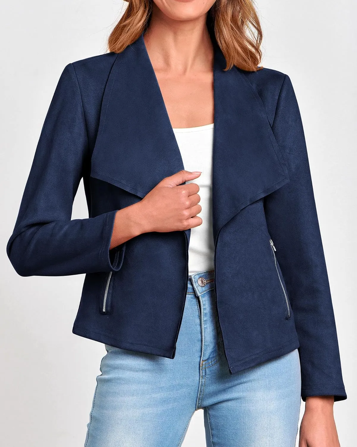 KIRUNDO Womens Fashion Faux Suede Jacket 2024 Fall Winter Casual Long Sleeve Open Front Bomber Cropped Coat Outerwear