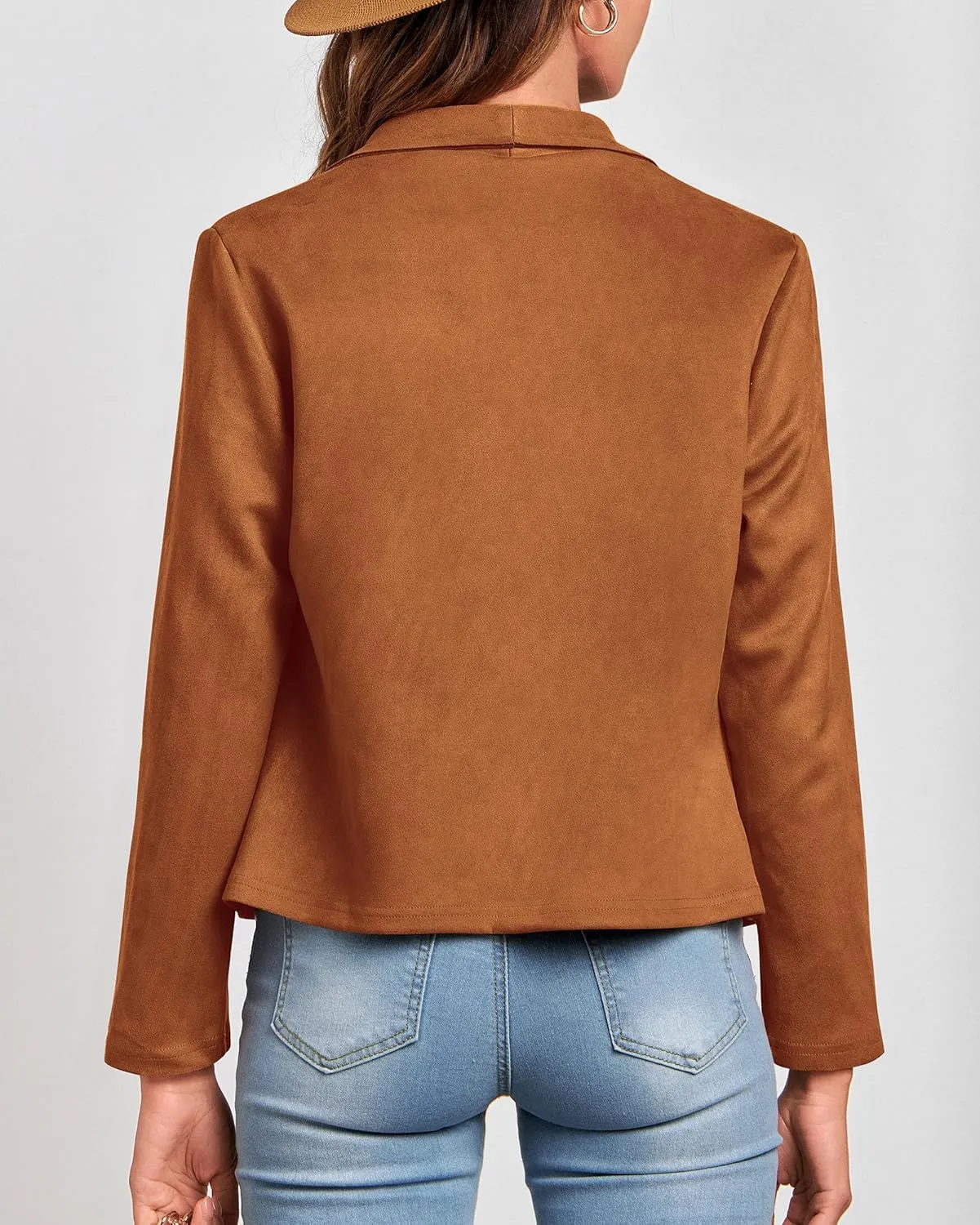 KIRUNDO Womens Fashion Faux Suede Jacket 2024 Fall Winter Casual Long Sleeve Open Front Bomber Cropped Coat Outerwear
