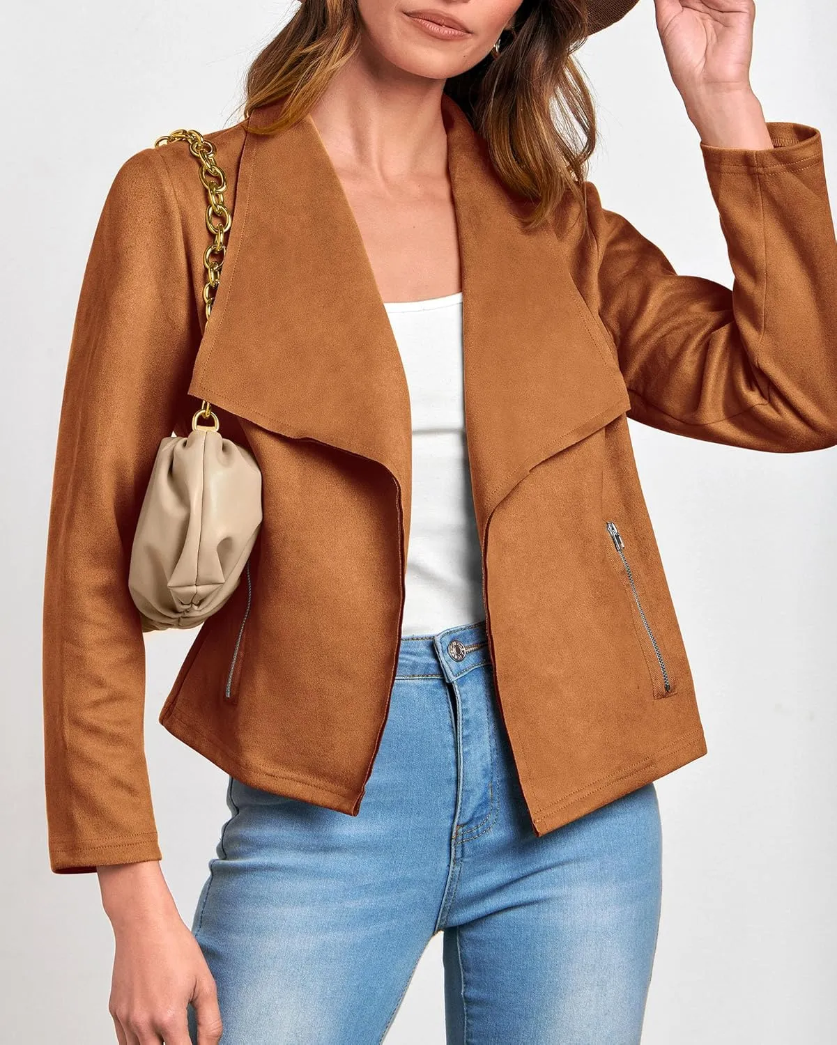 KIRUNDO Womens Fashion Faux Suede Jacket 2024 Fall Winter Casual Long Sleeve Open Front Bomber Cropped Coat Outerwear