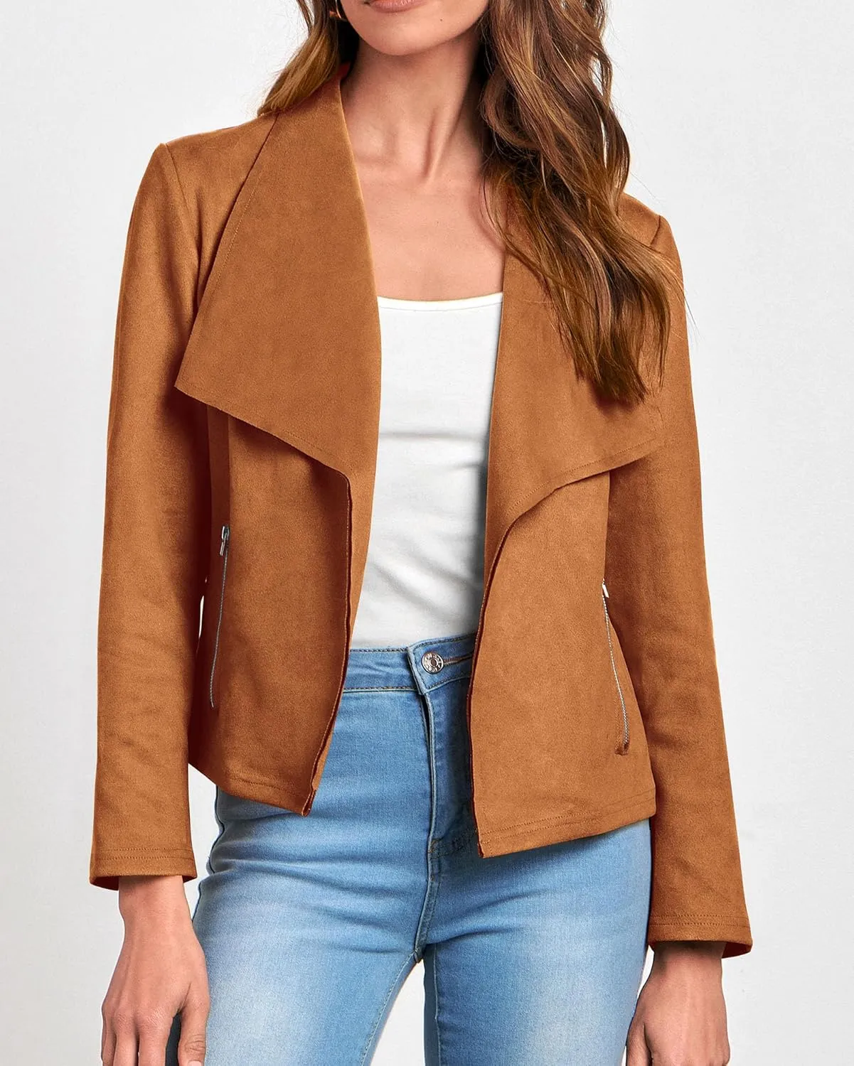 KIRUNDO Womens Fashion Faux Suede Jacket 2024 Fall Winter Casual Long Sleeve Open Front Bomber Cropped Coat Outerwear
