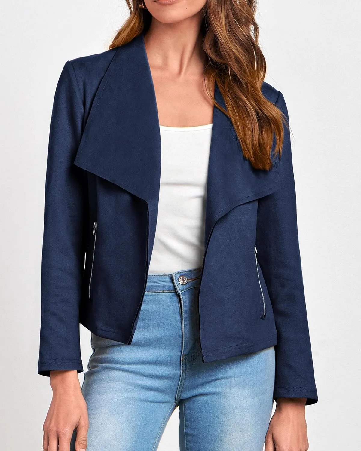 KIRUNDO Womens Fashion Faux Suede Jacket 2024 Fall Winter Casual Long Sleeve Open Front Bomber Cropped Coat Outerwear