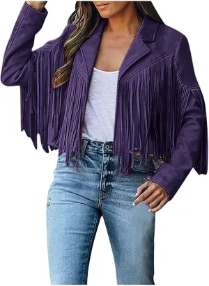 Kubbon Women's Fringe Faux Suede Leather Jackets 2024 Fall Long Sleeve Tassel Cropped Cowboy Coats Motorcycle Outfits