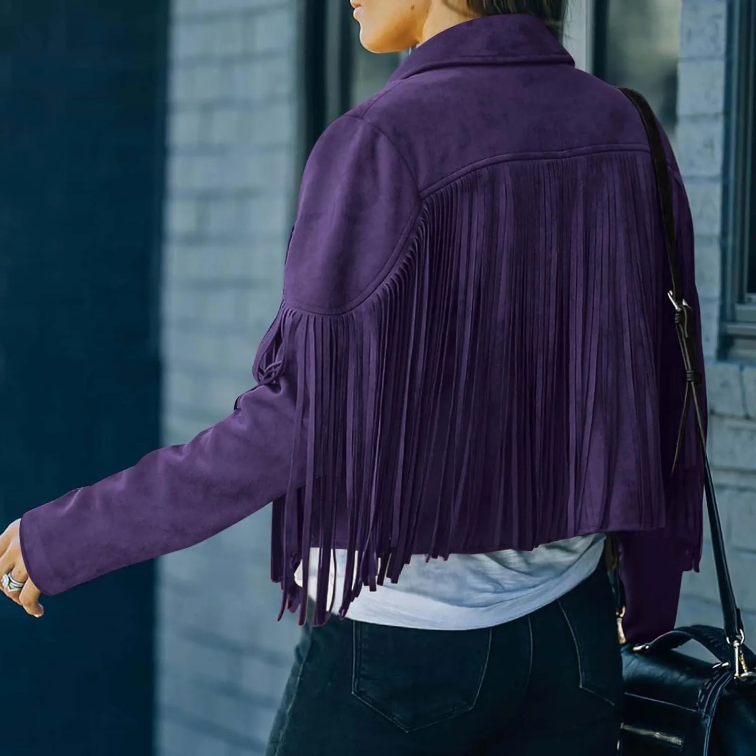 Kubbon Women's Fringe Faux Suede Leather Jackets 2024 Fall Long Sleeve Tassel Cropped Cowboy Coats Motorcycle Outfits