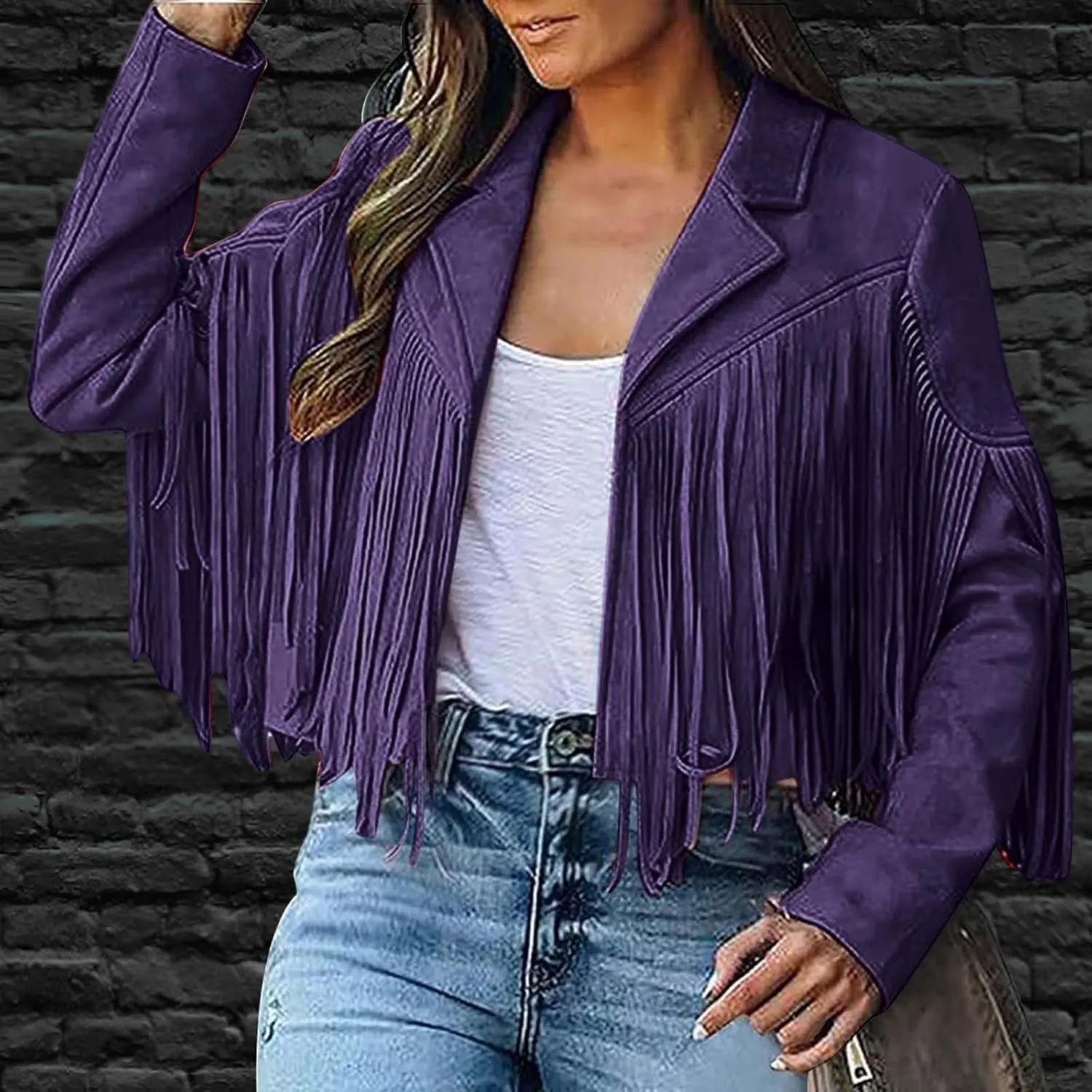 Kubbon Women's Fringe Faux Suede Leather Jackets 2024 Fall Long Sleeve Tassel Cropped Cowboy Coats Motorcycle Outfits