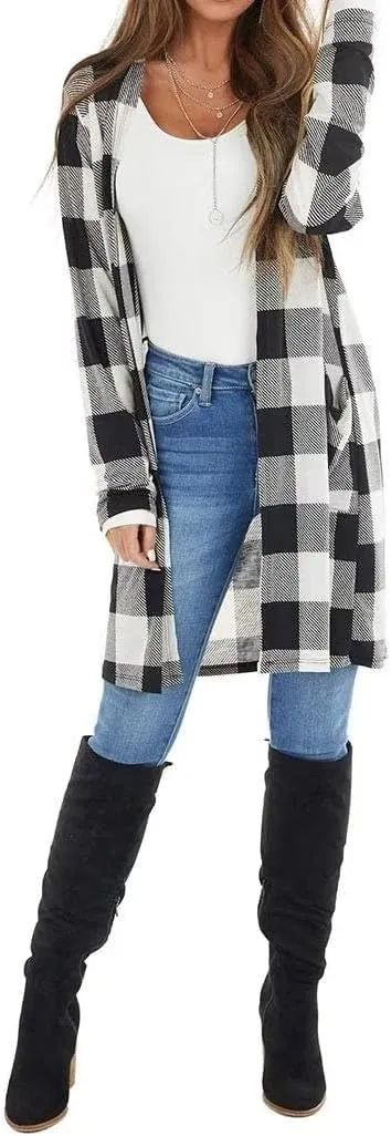 Lacozy Women's Open Front Long Cardigan Draped Snap Buffalo Plaid Shirt Kimono Cardigan Knit Sweater