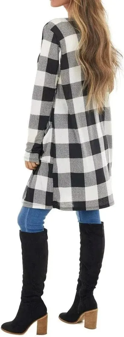 Lacozy Women's Open Front Long Cardigan Draped Snap Buffalo Plaid Shirt Kimono Cardigan Knit Sweater