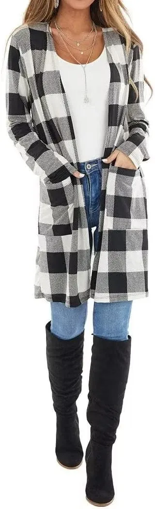 Lacozy Women's Open Front Long Cardigan Draped Snap Buffalo Plaid Shirt Kimono Cardigan Knit Sweater