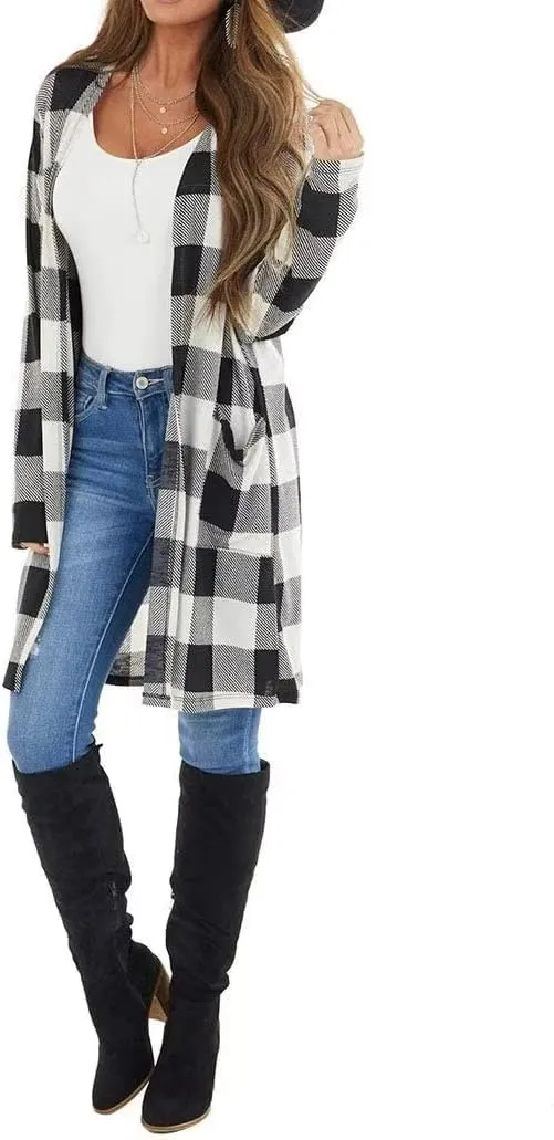 Lacozy Women's Open Front Long Cardigan Draped Snap Buffalo Plaid Shirt Kimono Cardigan Knit Sweater