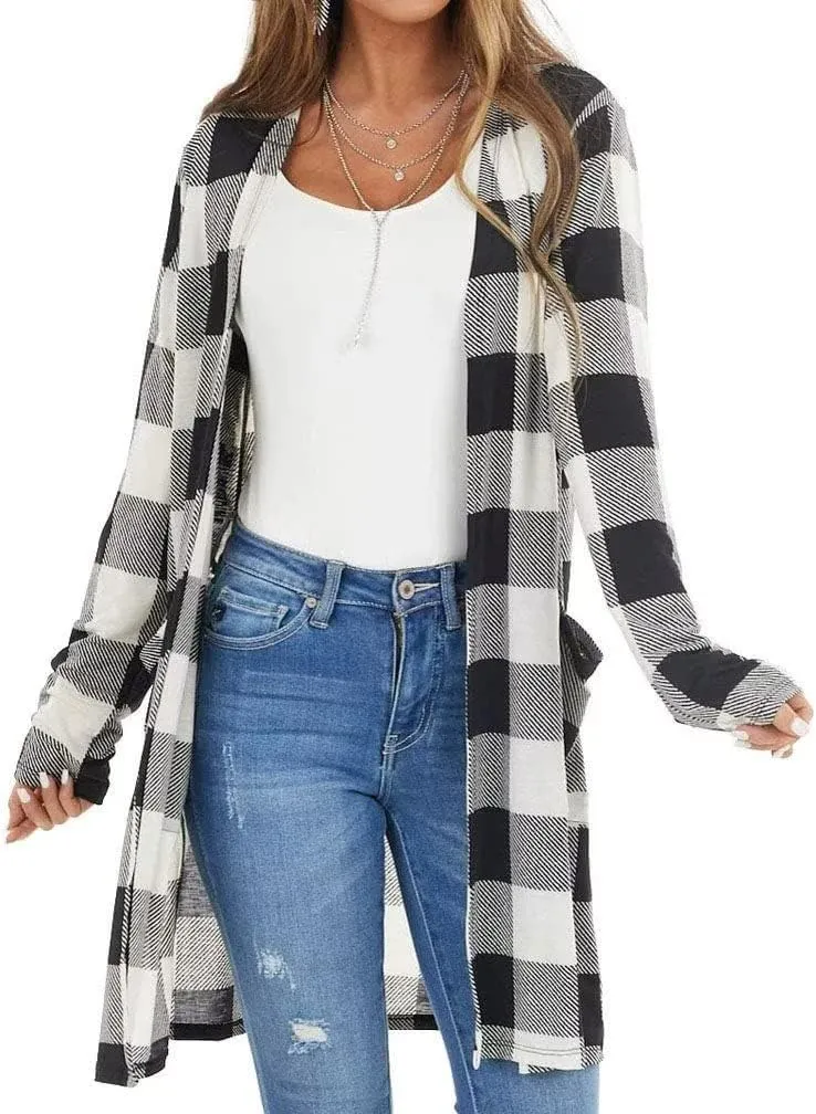 Lacozy Women's Open Front Long Cardigan Draped Snap Buffalo Plaid Shirt Kimono Cardigan Knit Sweater