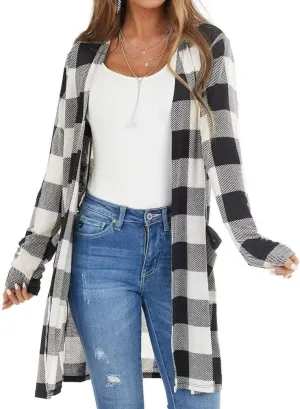 Lacozy Women's Open Front Long Cardigan Draped Snap Buffalo Plaid Shirt Kimono Cardigan Knit Sweater
