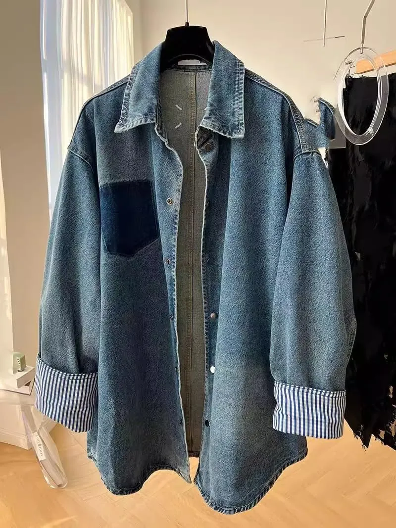 Ladies' Casual Classic Long Sleeve Denim Jacket -blue-Large