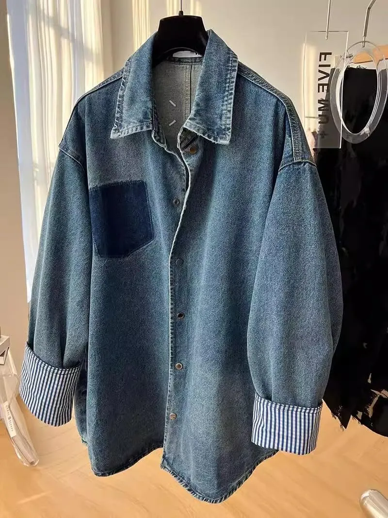 Ladies' Casual Classic Long Sleeve Denim Jacket -blue-Large
