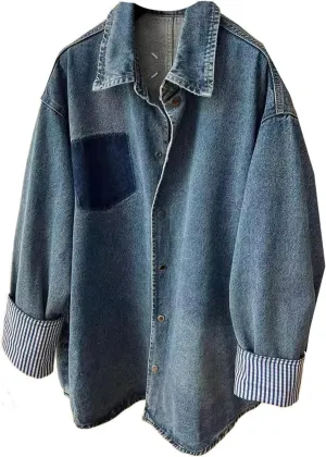 Ladies' Casual Classic Long Sleeve Denim Jacket -blue-Large