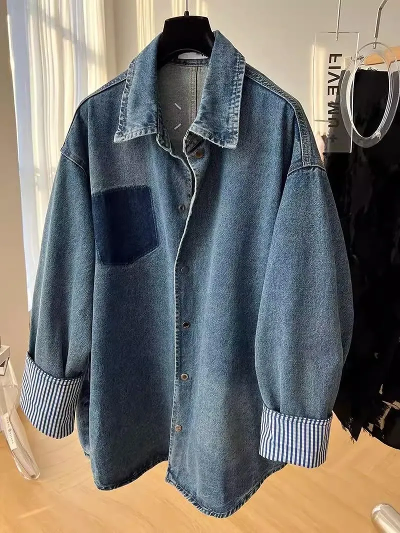 Ladies' Casual Classic Long Sleeve Denim Jacket -blue-Large