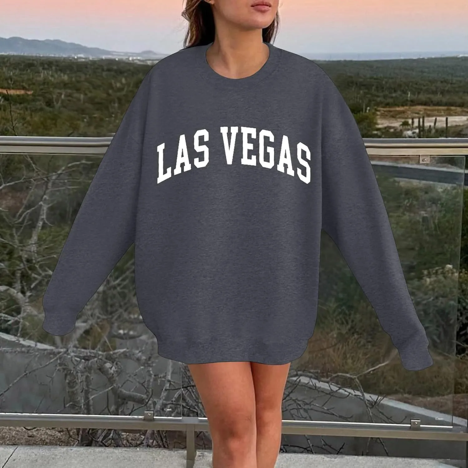 Las Vegas Sweatshirts for Women Letter Print Loose Fit Trendy Casual Pullover Tops Hoodies Crew Neck Sweatshirt