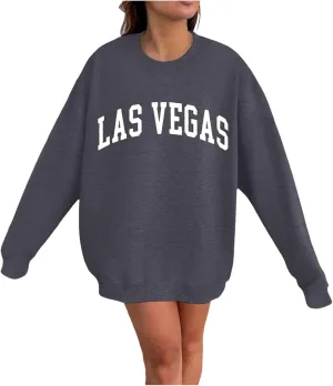 Las Vegas Sweatshirts for Women Letter Print Loose Fit Trendy Casual Pullover Tops Hoodies Crew Neck Sweatshirt