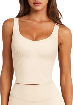 LASLULU Womens Longline Sports Bra Ribbed Seamless Wirefree Padded Tank Tops Medium Support Workout Casual Crop Tops