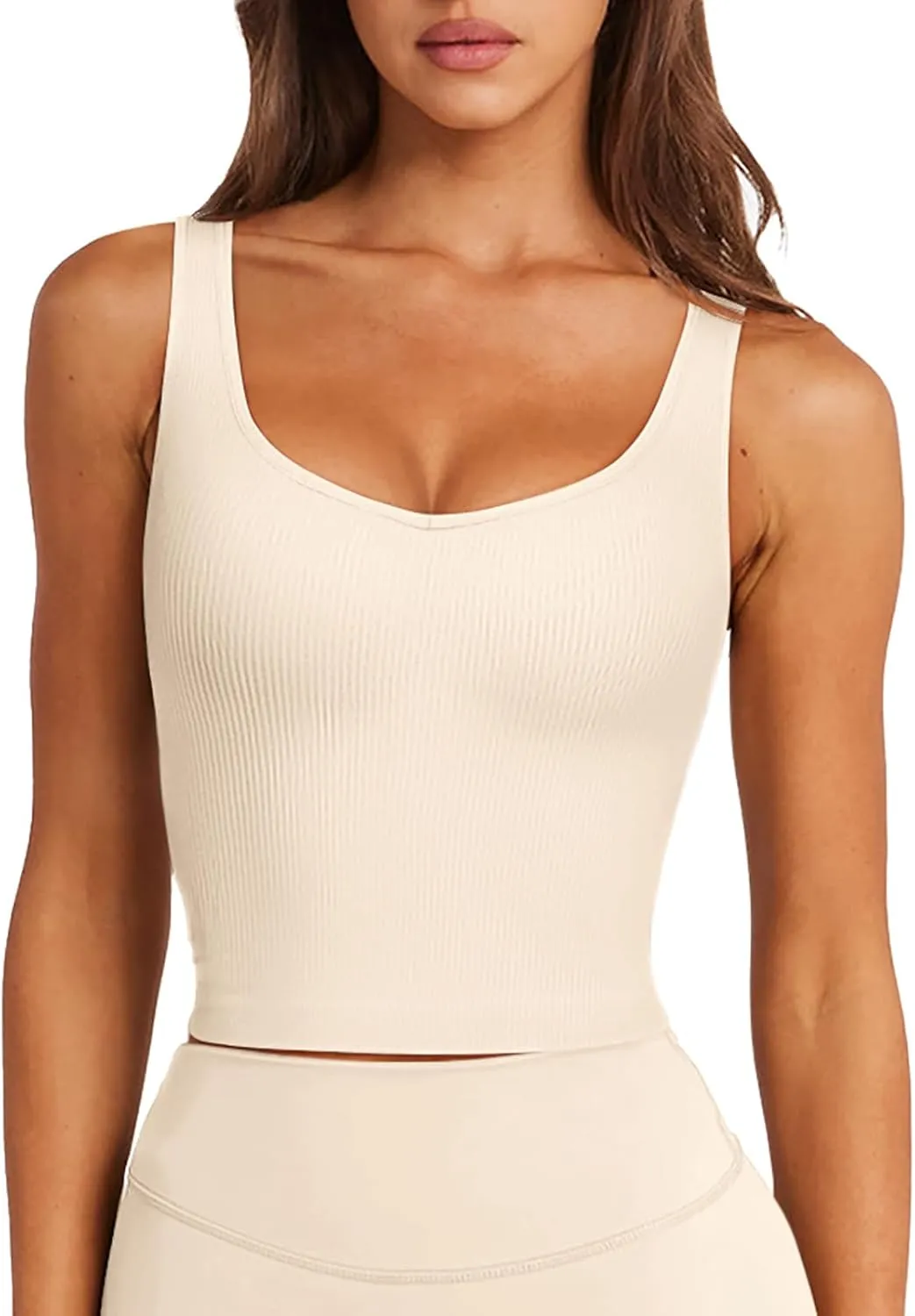 LASLULU Womens Longline Sports Bra Ribbed Seamless Wirefree Padded Tank Tops Medium Support Workout Casual Crop Tops