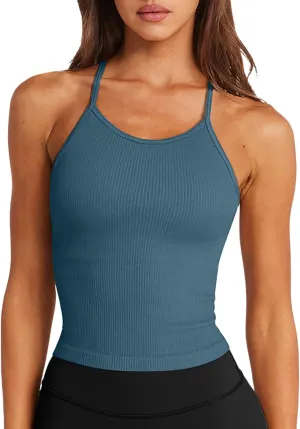 LASLULU Womens Sports Bra Seamless Long Crop Tank Racer Back Spaghetti Strap Workout Yoga Bra Padded Halter Neck Casual Tops